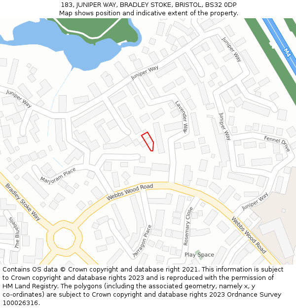 183, JUNIPER WAY, BRADLEY STOKE, BRISTOL, BS32 0DP: Location map and indicative extent of plot