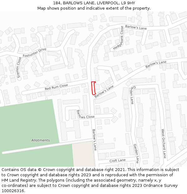 184, BARLOWS LANE, LIVERPOOL, L9 9HY: Location map and indicative extent of plot