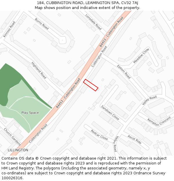 184, CUBBINGTON ROAD, LEAMINGTON SPA, CV32 7AJ: Location map and indicative extent of plot