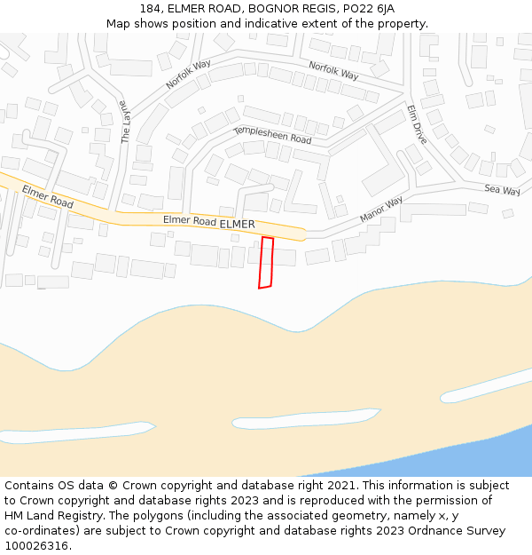 184, ELMER ROAD, BOGNOR REGIS, PO22 6JA: Location map and indicative extent of plot