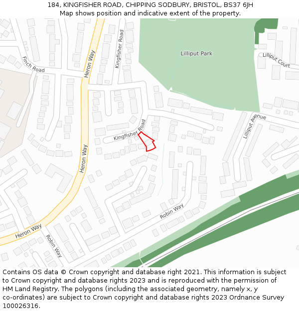 184, KINGFISHER ROAD, CHIPPING SODBURY, BRISTOL, BS37 6JH: Location map and indicative extent of plot