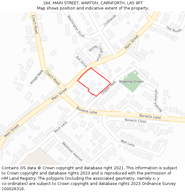 184, MAIN STREET, WARTON, CARNFORTH, LA5 9PT: Location map and indicative extent of plot