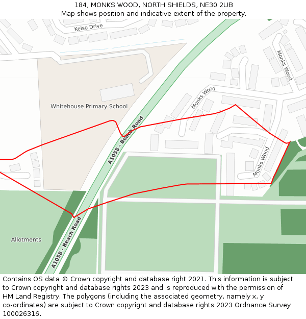 184, MONKS WOOD, NORTH SHIELDS, NE30 2UB: Location map and indicative extent of plot