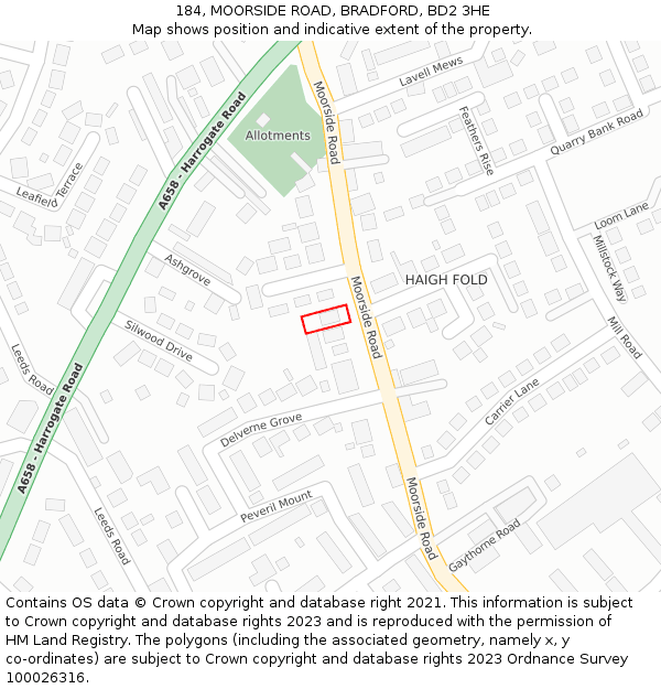 184, MOORSIDE ROAD, BRADFORD, BD2 3HE: Location map and indicative extent of plot