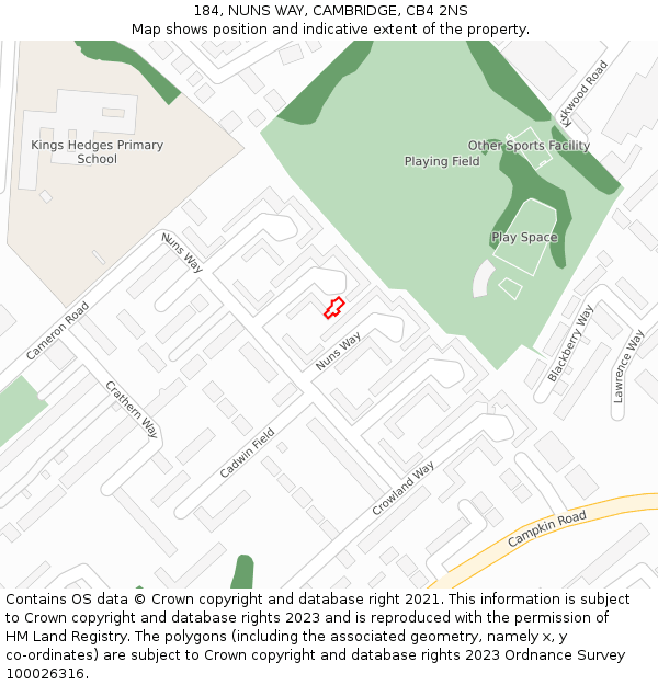 184, NUNS WAY, CAMBRIDGE, CB4 2NS: Location map and indicative extent of plot