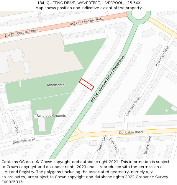 184, QUEENS DRIVE, WAVERTREE, LIVERPOOL, L15 6XX: Location map and indicative extent of plot