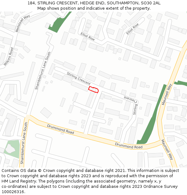 184, STIRLING CRESCENT, HEDGE END, SOUTHAMPTON, SO30 2AL: Location map and indicative extent of plot