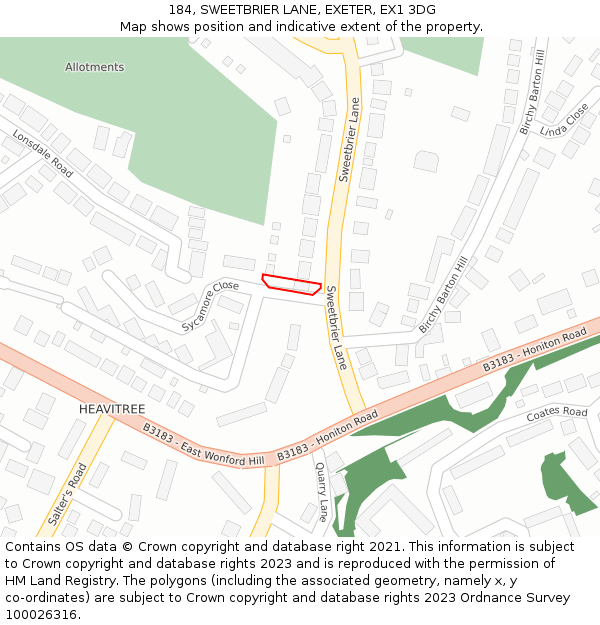 184, SWEETBRIER LANE, EXETER, EX1 3DG: Location map and indicative extent of plot