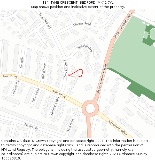 184, TYNE CRESCENT, BEDFORD, MK41 7YL: Location map and indicative extent of plot