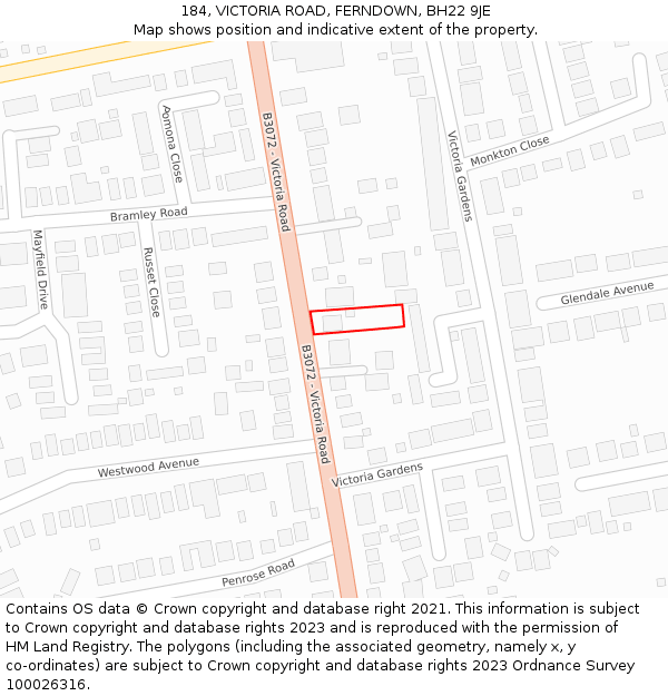 184, VICTORIA ROAD, FERNDOWN, BH22 9JE: Location map and indicative extent of plot