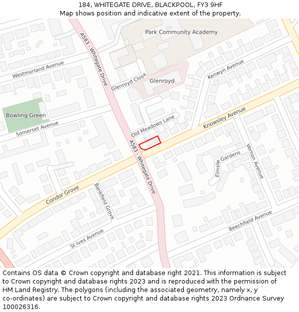 184, WHITEGATE DRIVE, BLACKPOOL, FY3 9HF: Location map and indicative extent of plot