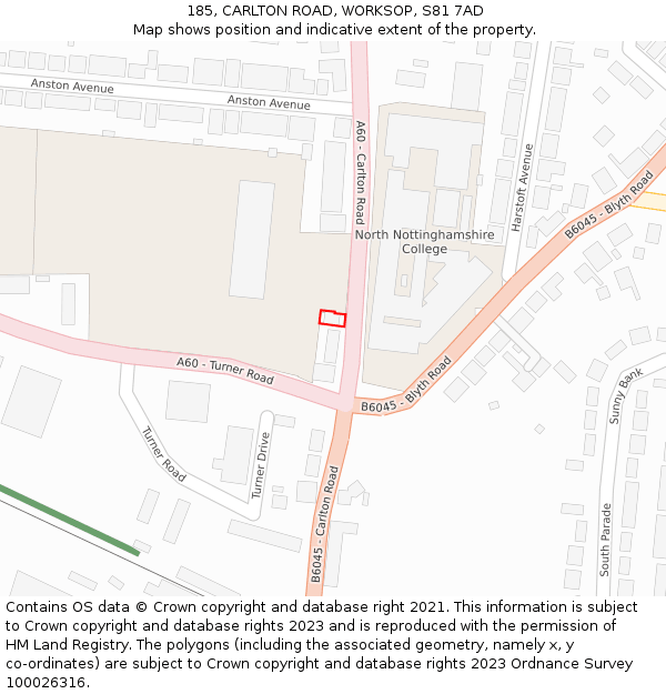 185, CARLTON ROAD, WORKSOP, S81 7AD: Location map and indicative extent of plot
