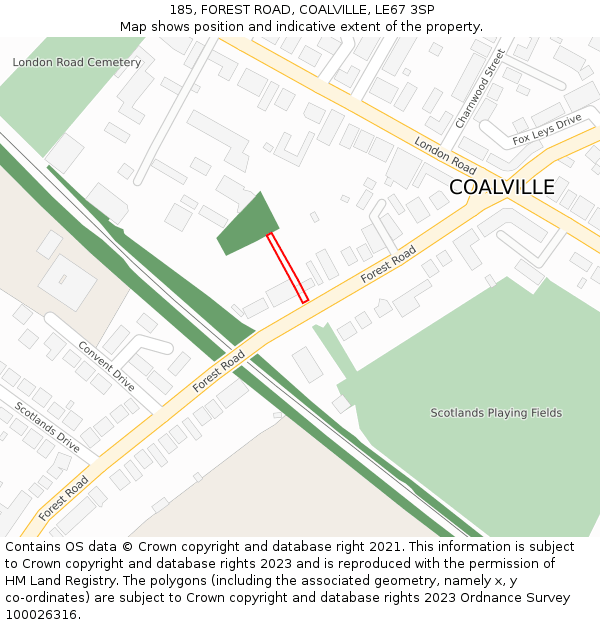 185, FOREST ROAD, COALVILLE, LE67 3SP: Location map and indicative extent of plot