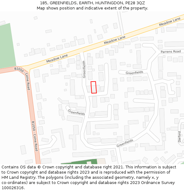 185, GREENFIELDS, EARITH, HUNTINGDON, PE28 3QZ: Location map and indicative extent of plot