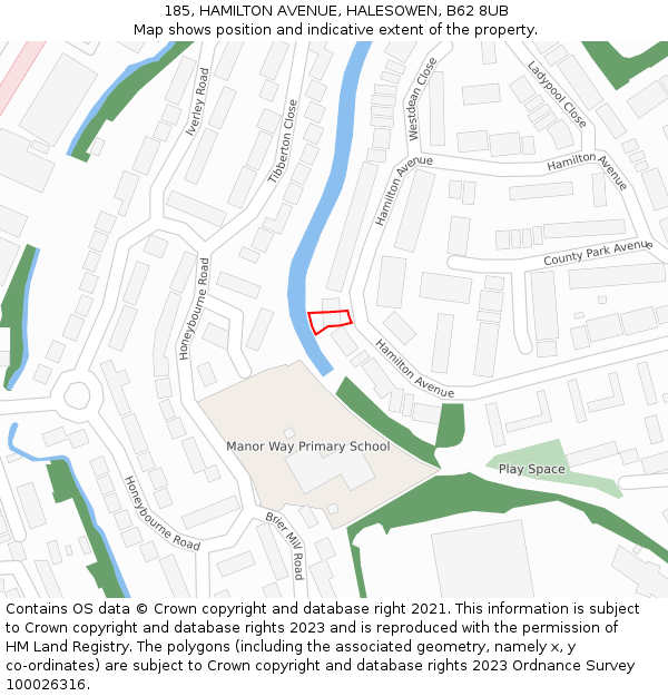 185, HAMILTON AVENUE, HALESOWEN, B62 8UB: Location map and indicative extent of plot