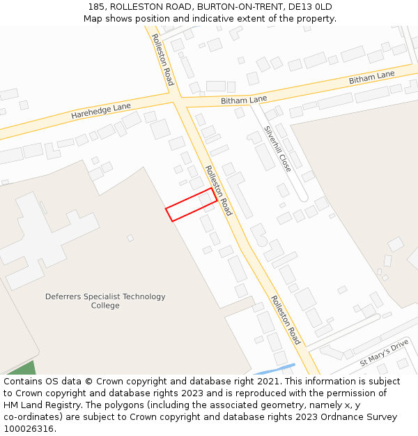 185, ROLLESTON ROAD, BURTON-ON-TRENT, DE13 0LD: Location map and indicative extent of plot
