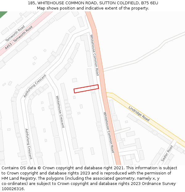185, WHITEHOUSE COMMON ROAD, SUTTON COLDFIELD, B75 6EU: Location map and indicative extent of plot