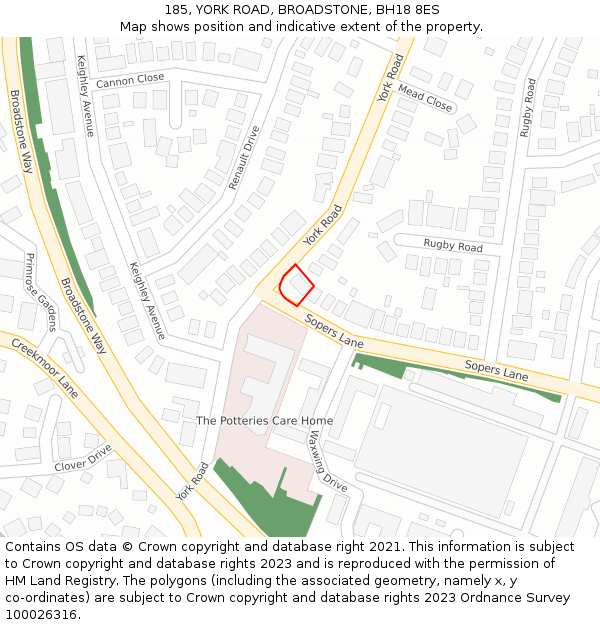 185, YORK ROAD, BROADSTONE, BH18 8ES: Location map and indicative extent of plot