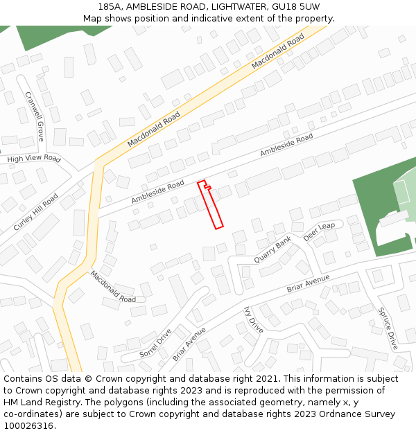 185A, AMBLESIDE ROAD, LIGHTWATER, GU18 5UW: Location map and indicative extent of plot