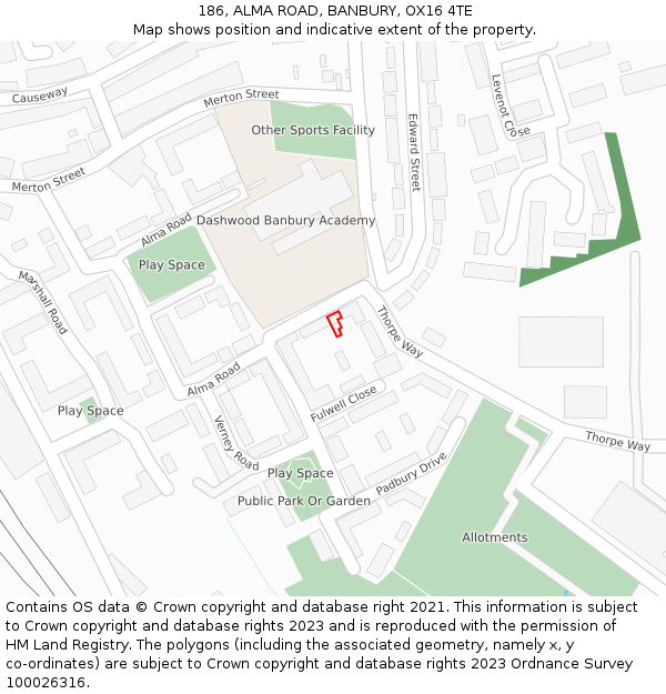 186, ALMA ROAD, BANBURY, OX16 4TE: Location map and indicative extent of plot