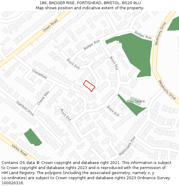 186, BADGER RISE, PORTISHEAD, BRISTOL, BS20 8LU: Location map and indicative extent of plot