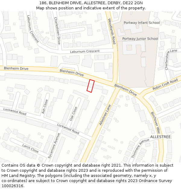 186, BLENHEIM DRIVE, ALLESTREE, DERBY, DE22 2GN: Location map and indicative extent of plot