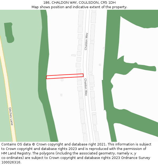 186, CHALDON WAY, COULSDON, CR5 1DH: Location map and indicative extent of plot