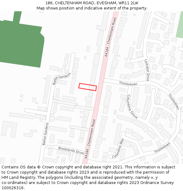 186, CHELTENHAM ROAD, EVESHAM, WR11 2LW: Location map and indicative extent of plot