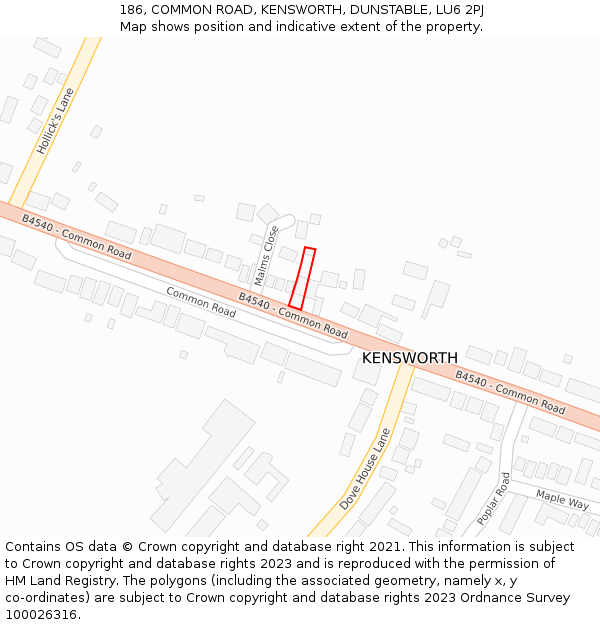 186, COMMON ROAD, KENSWORTH, DUNSTABLE, LU6 2PJ: Location map and indicative extent of plot