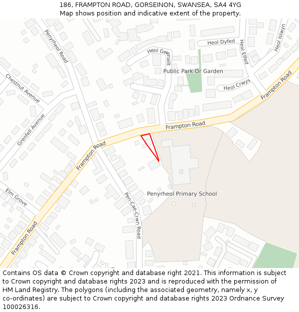 186, FRAMPTON ROAD, GORSEINON, SWANSEA, SA4 4YG: Location map and indicative extent of plot