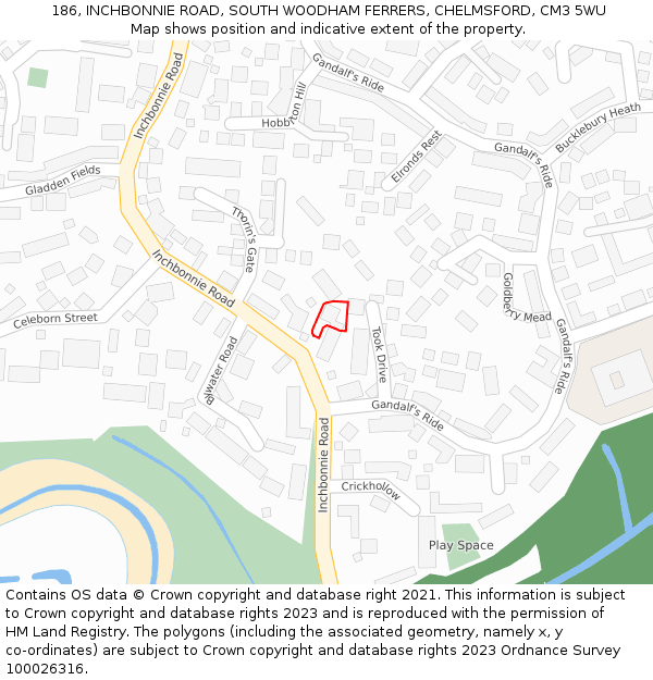 186, INCHBONNIE ROAD, SOUTH WOODHAM FERRERS, CHELMSFORD, CM3 5WU: Location map and indicative extent of plot