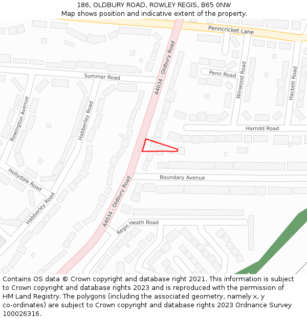 186, OLDBURY ROAD, ROWLEY REGIS, B65 0NW: Location map and indicative extent of plot