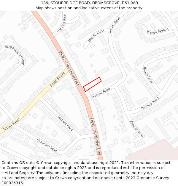 186, STOURBRIDGE ROAD, BROMSGROVE, B61 0AR: Location map and indicative extent of plot