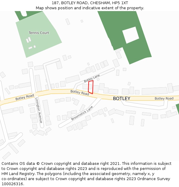 187, BOTLEY ROAD, CHESHAM, HP5 1XT: Location map and indicative extent of plot