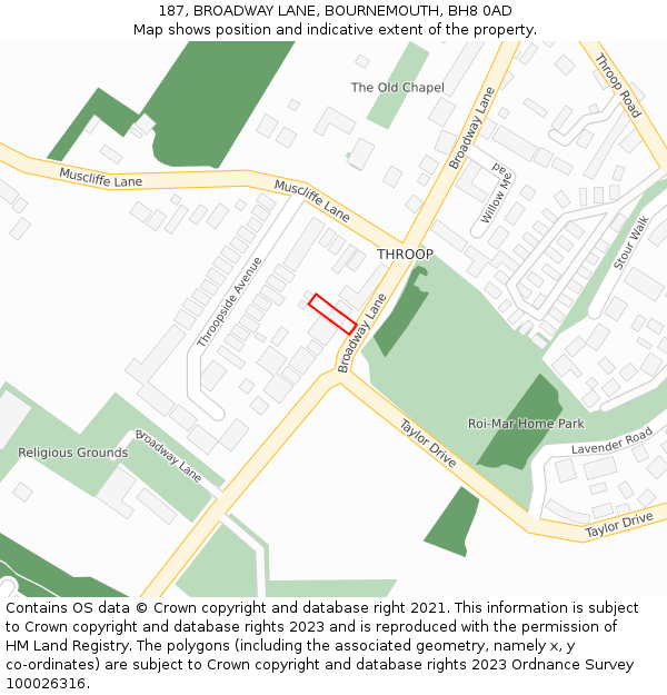 187, BROADWAY LANE, BOURNEMOUTH, BH8 0AD: Location map and indicative extent of plot