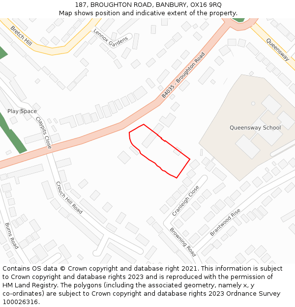 187, BROUGHTON ROAD, BANBURY, OX16 9RQ: Location map and indicative extent of plot