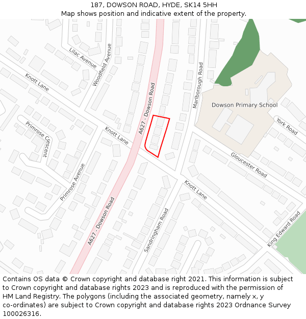 187, DOWSON ROAD, HYDE, SK14 5HH: Location map and indicative extent of plot