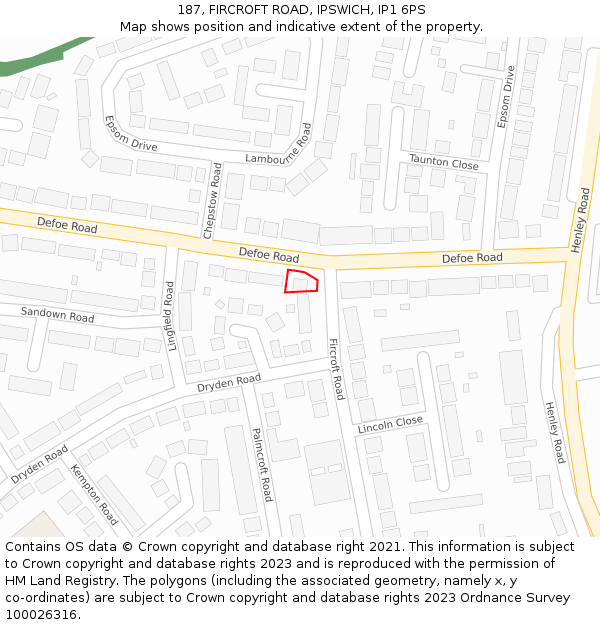 187, FIRCROFT ROAD, IPSWICH, IP1 6PS: Location map and indicative extent of plot