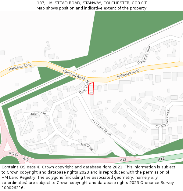 187, HALSTEAD ROAD, STANWAY, COLCHESTER, CO3 0JT: Location map and indicative extent of plot