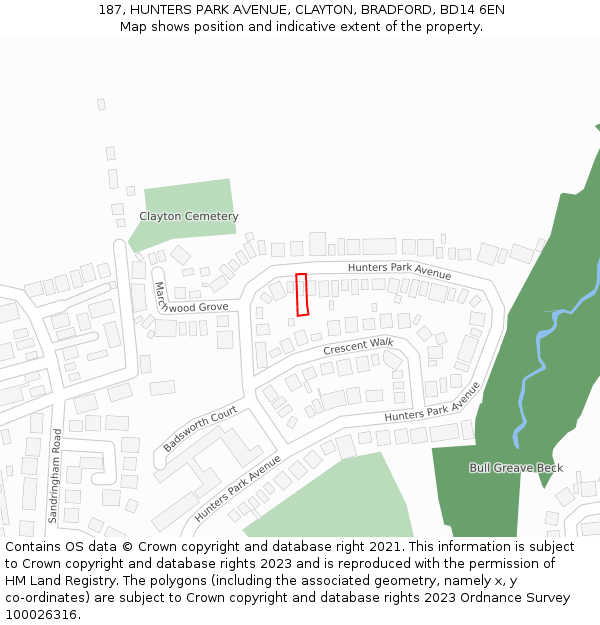 187, HUNTERS PARK AVENUE, CLAYTON, BRADFORD, BD14 6EN: Location map and indicative extent of plot