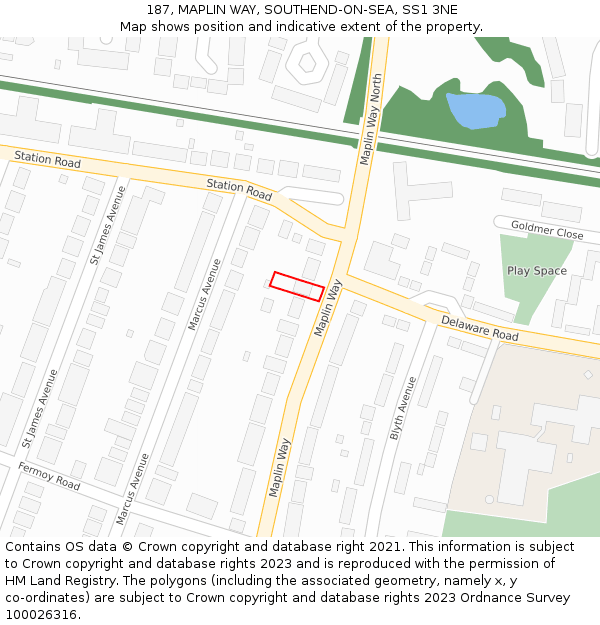 187, MAPLIN WAY, SOUTHEND-ON-SEA, SS1 3NE: Location map and indicative extent of plot