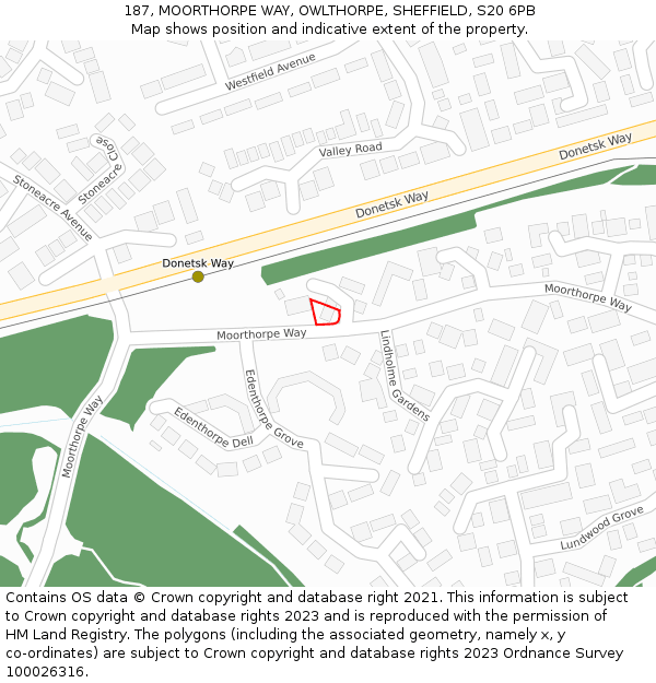 187, MOORTHORPE WAY, OWLTHORPE, SHEFFIELD, S20 6PB: Location map and indicative extent of plot