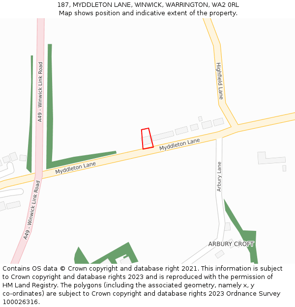 187, MYDDLETON LANE, WINWICK, WARRINGTON, WA2 0RL: Location map and indicative extent of plot