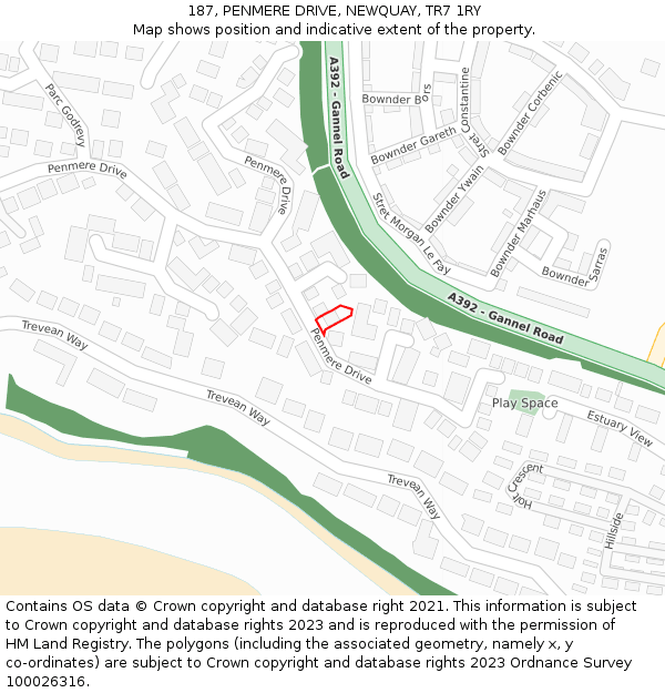 187, PENMERE DRIVE, NEWQUAY, TR7 1RY: Location map and indicative extent of plot