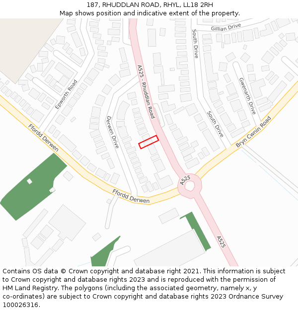 187, RHUDDLAN ROAD, RHYL, LL18 2RH: Location map and indicative extent of plot