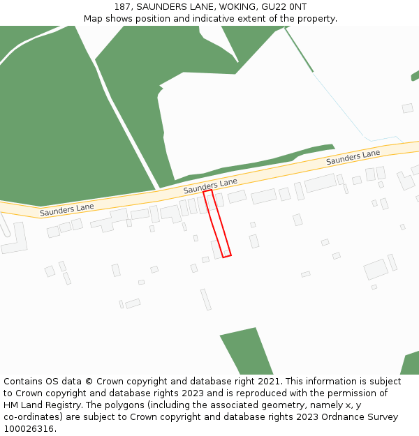 187, SAUNDERS LANE, WOKING, GU22 0NT: Location map and indicative extent of plot