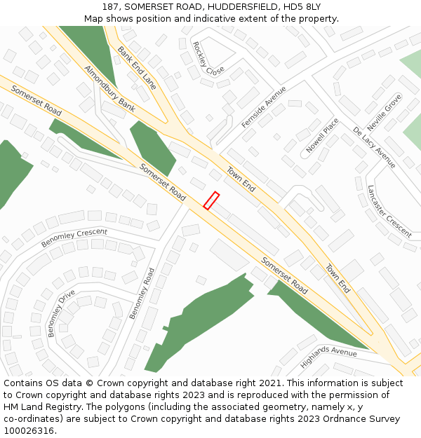 187, SOMERSET ROAD, HUDDERSFIELD, HD5 8LY: Location map and indicative extent of plot