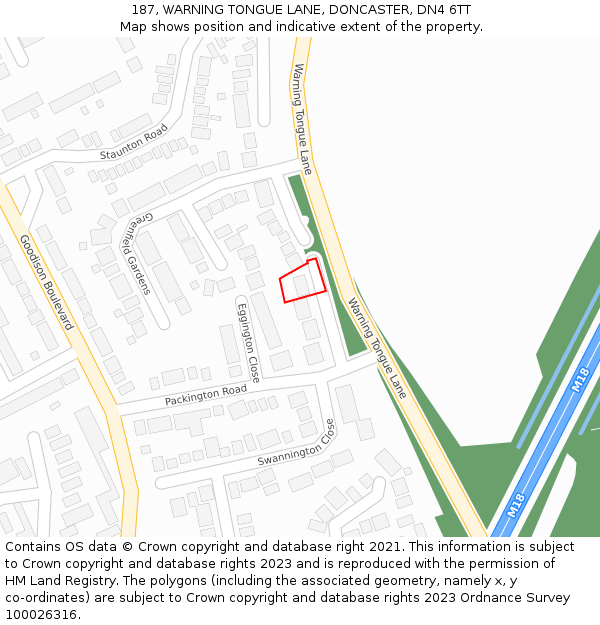 187, WARNING TONGUE LANE, DONCASTER, DN4 6TT: Location map and indicative extent of plot