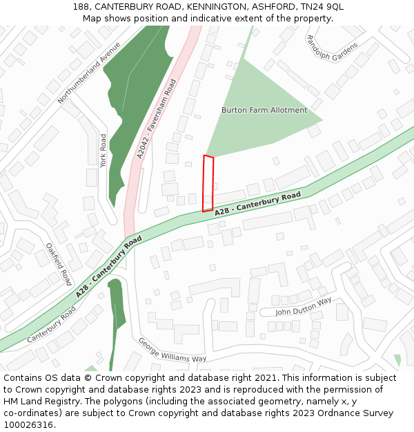 188, CANTERBURY ROAD, KENNINGTON, ASHFORD, TN24 9QL: Location map and indicative extent of plot