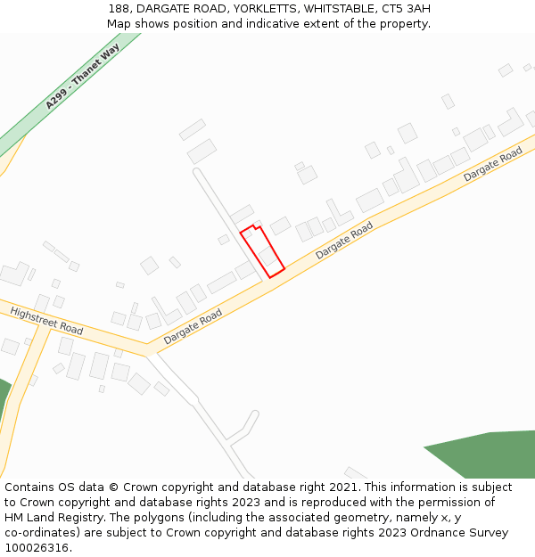 188, DARGATE ROAD, YORKLETTS, WHITSTABLE, CT5 3AH: Location map and indicative extent of plot